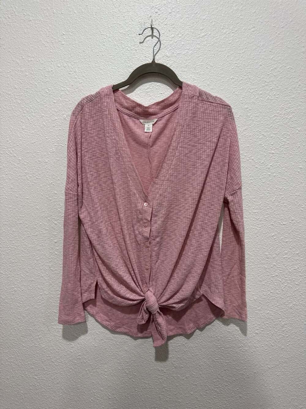 Caslon Pink Ribbed Tie Front Button Down Top Size XS